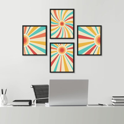 «Mid-Century Modern Retro Sunshine Landscape», ensemble de 4 impressions murales géométriques abstraites encadrées sur papier, impression de 4 pièces