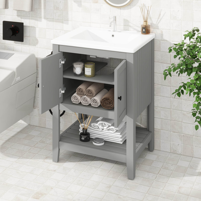 Elegant Modern Bathroom Vanity For Serenity And Style, 24" With Ceramic Sink, Grey