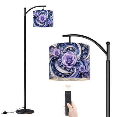  Lampe sur pied Arc Elegant Mauve Rose Floral Tourbillon Abstrait Grand Moderne Lampe sur pied DEL Abat-jour réglable en lin 3 températures de couleur