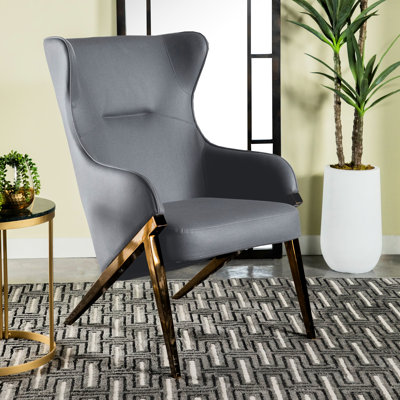 Chaise d'appoint en tissu d'ardoise, avec dossier haut, pieds lisses et métalliques, profondeur de 32,5 pouces pour le salon à oreilles de couleur, avec panneaux latéraux, espace principal courbé au fini bronze d'une hauteur de 41
