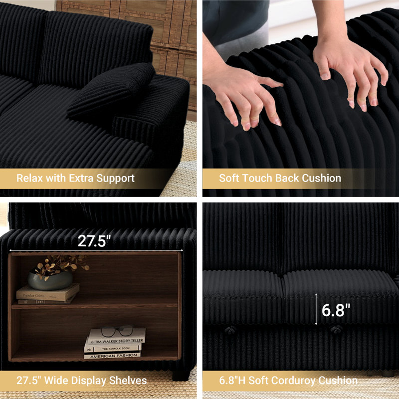 117" Convertible Sleeper Sofa Bed U-shaped Corduroy Sectional Pull-Out Couch With Storage Armrest & Storage Chaise & Corner