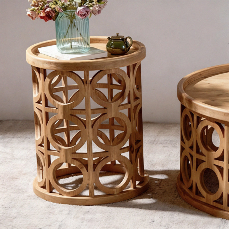 Table basse ronde en bois massif rétro Burlywood, H 19,29 po x L 15,75 po x l 15,75 po