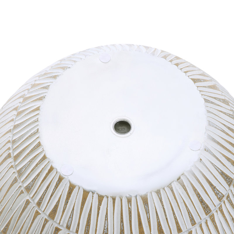 White and Gold V-Pattern Polyresin Round Planter, 9.6" H x 12" W x 12" D