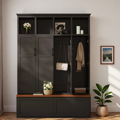 Modern Farmhouse Hall Tree with 4 Hidden Cabinets, Open Shelves, Drawers, Bench and Hooks