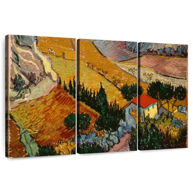 Alvord, paysage avec maison et laboureur, H 48 po x l 74 po