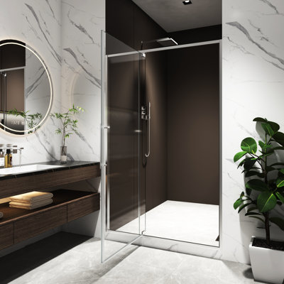 Porte de douche à pivot de 74 po de hauteur, 44 à 48 po de largeur, verre trempé de 5/16 po, nickel brossé, ouverture à l'extérieur, arrêt à 105 degrés, arbre de rebond automatique, installation rapide, plage de réglage de 4 po, acier inoxydable 304