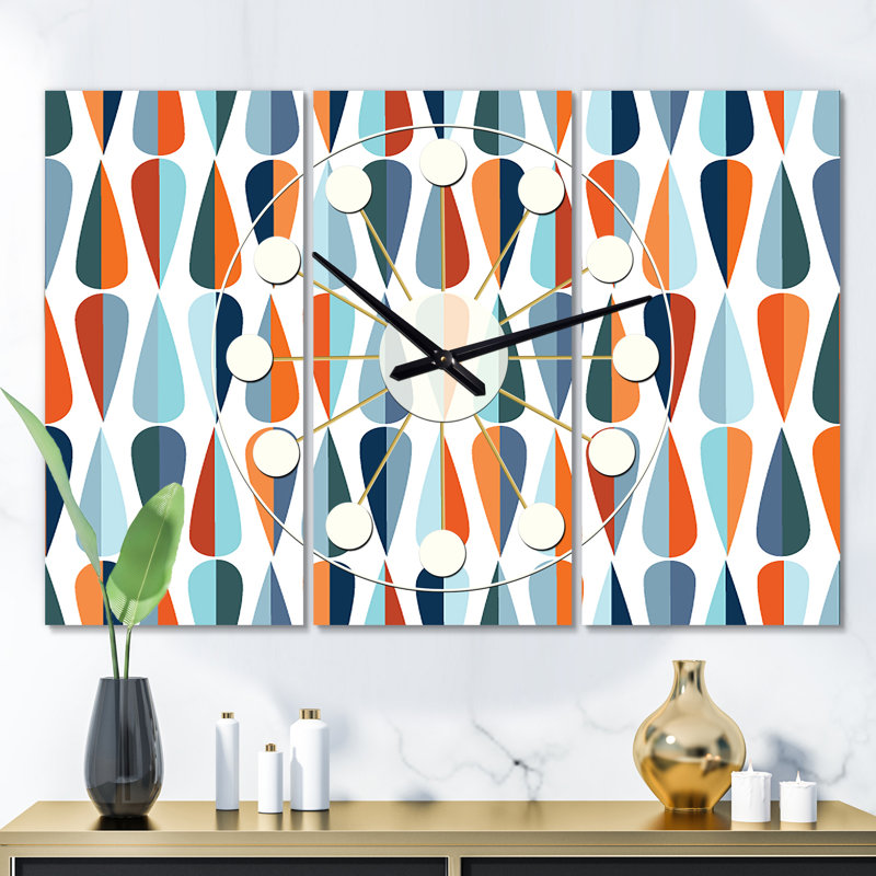 Très grande horloge murale rétro Mid-Century, Orange / gris foncé / bleu ciel