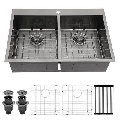 33" L x 22" W Drop-in Double Bowl 50/50 Kitchen Sink Gunmetal Black 16 Gauge Stainless Steel Sink