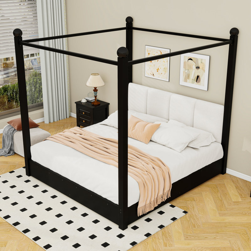 Lit plateforme à baldaquin avec tête de lit tapissier, Très grand lit, Noir