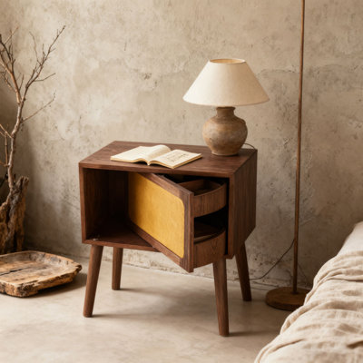 Tables de chevet pivotantes à compartiments cachés, meubles de dissimulation modernes Mid-Century, table de chevet en rotin, table de bout à compartiments avec pieds en bois, tables de chevet pour chambre à coucher, salon