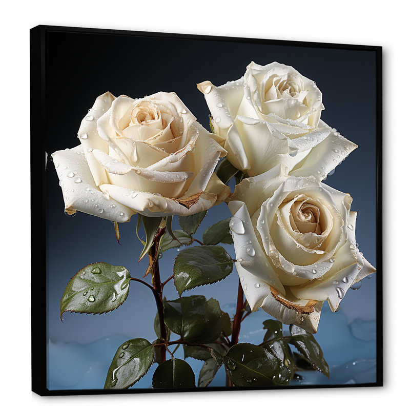 Monocrhome roses blanches en fleurs, H 16 po x l 16 po x P 1 po, Cadre flottant noir