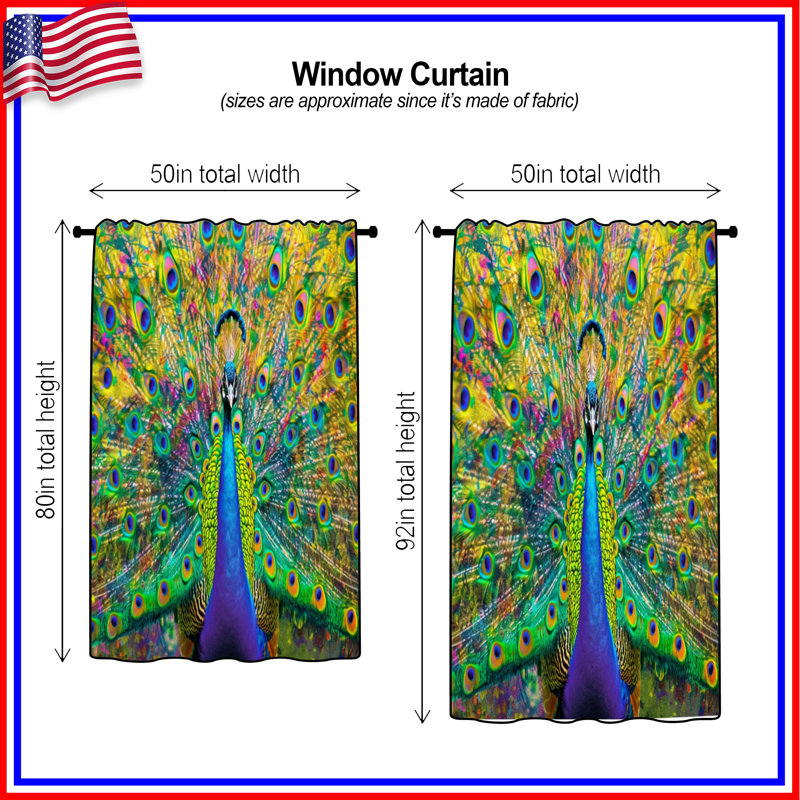 Rideaux vibrants en plumes de paon, voilages et voilages à motif de paon - 1 panneau, 50 po x 92 po - 1 panneau, Transparent