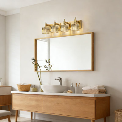 Éclairage de salle de bain moderne en cristal doré, luminaire à 4 lumières à intensité variable avec couvercles en cristal K9, compatible avec douille E26, installation facile pour le miroir de salle de bain ou le mur