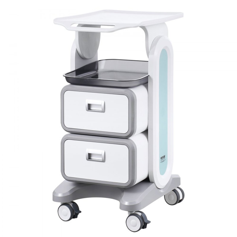 3 Tiers Lab Carts Mobile Medical Cart with 2 Drawers & 1 Top Tray White, Trolley Storage Cart with ABS Material