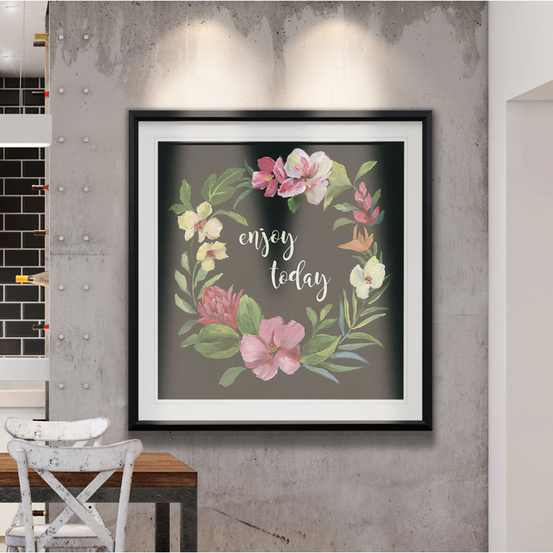 «Tropic Wreath Enjoy Today», peinture, H 16 po x l 16 po x P 2 po, Cadre noir