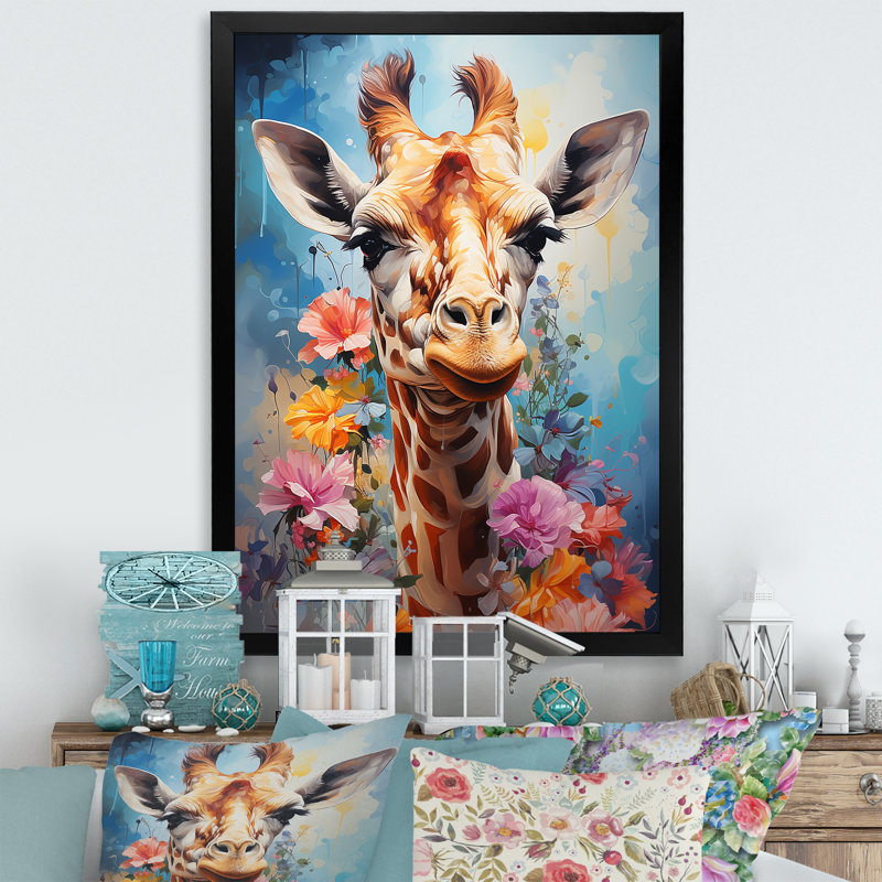 Popart Art, girafe multicolore Grace I sur toile, Cadre simple noir, H 32 po x l 16 po x P 1 po