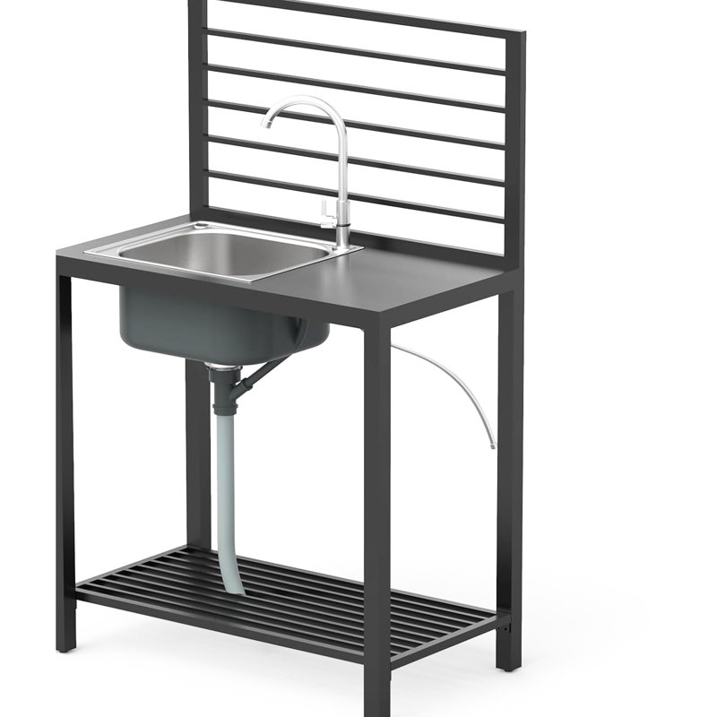 Îlot de cuisine extérieur - Rangement en aluminium gris, évier et évier en acier inoxydable, robinet, rangement
