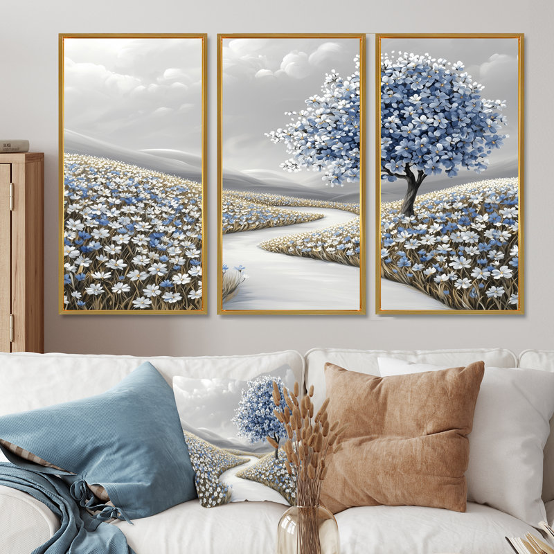 Ensemble de salon d'art mural campagne Blooms I - Cornflowers, Toile avec cadre flottant or, H 28 po x l 36 po x P 1 po