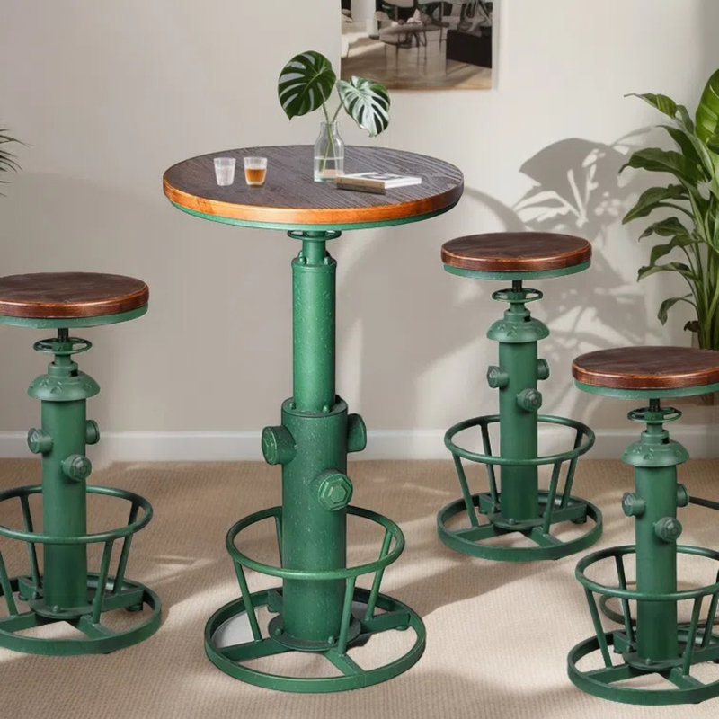 Dining Table Pine Round Solid Wood Top Metal Base Dining Table, Green