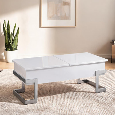 Table basse en métal chromé avec plateau relevable et rangement blanc