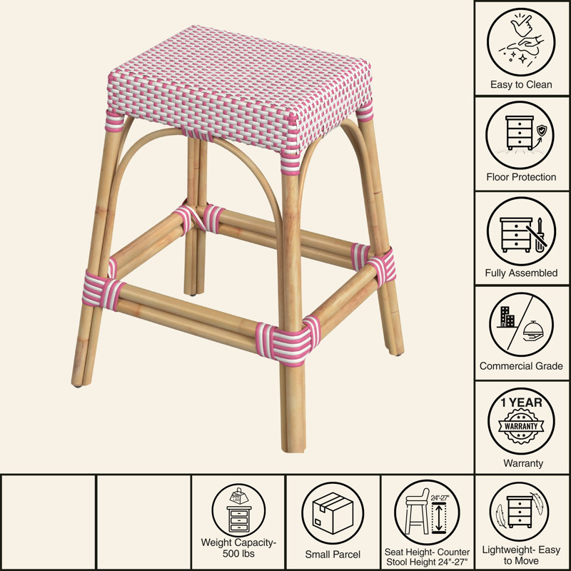 Robias Rattan Bar & Counter Stool, White/Pink Dot/ Natural Rattan Frame, Counter Stool (24.5" Seat Height)