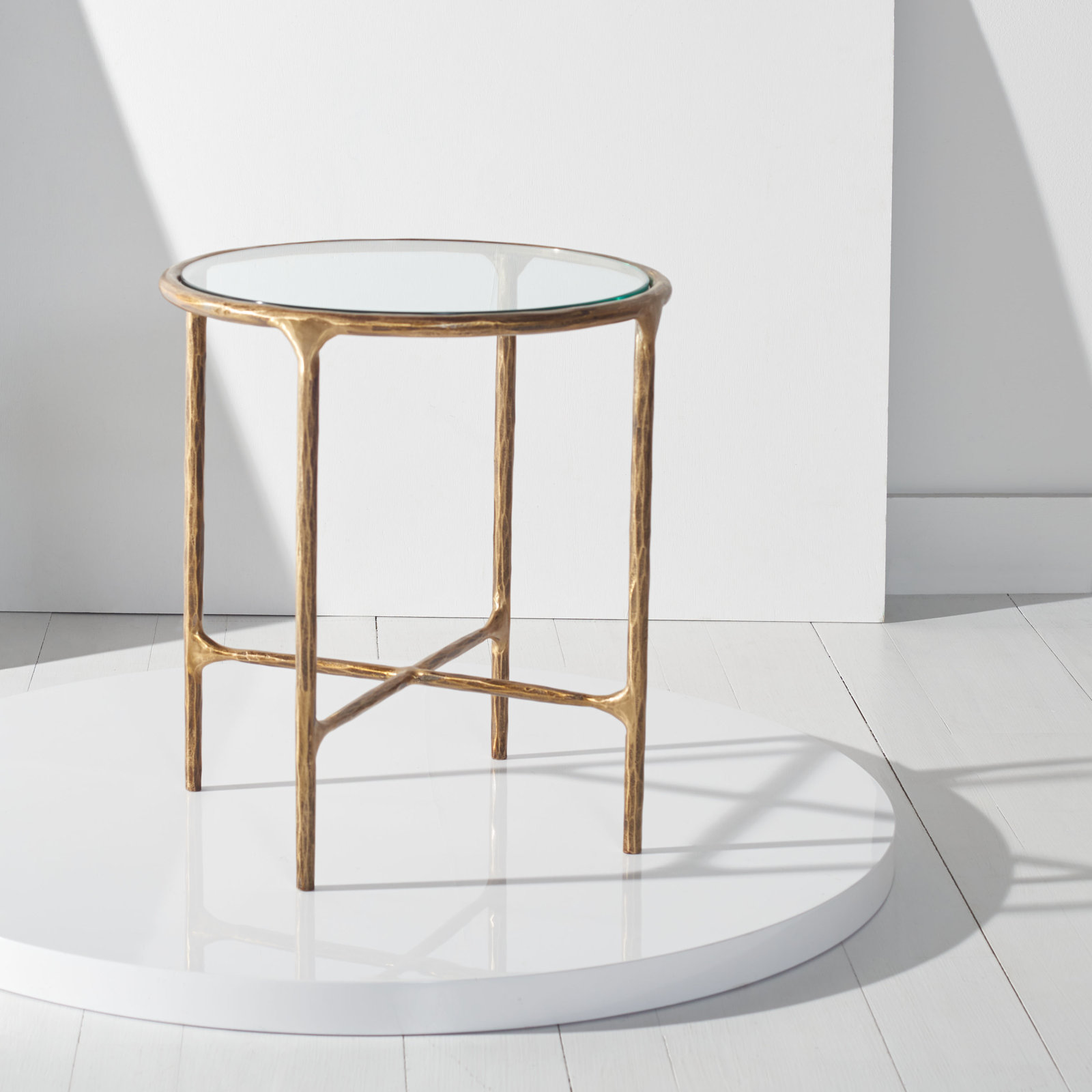 Evelynn Glass Cross Legs End Table, Brass, Clear