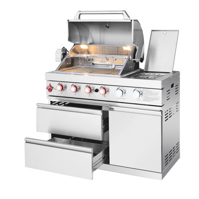 4 72000 Outdoor Kitchen Barbecue Island Grill With Single-door Refrigerator, Sink/faucet, 3 Drawer Storage, Double-lined Hood Temperature Gauge, Warming Rack Stainless Steel 120v 4 ,