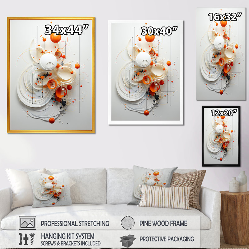 Symétrie orange et blanche en spirale I - art mural géométrique abstrait pour le salon, H 32 po x l 16 po x P 1 po