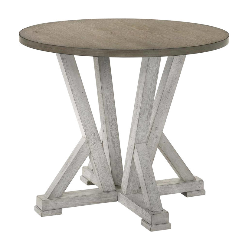 Table de salle à manger à hauteur de comptoir rustique, finition blanc antique / brun cendré, bois massif, placage de chêne noueux, sièges pour 4 personnes, base à piédestal avec support en bois et bicolore, sièges pour 4