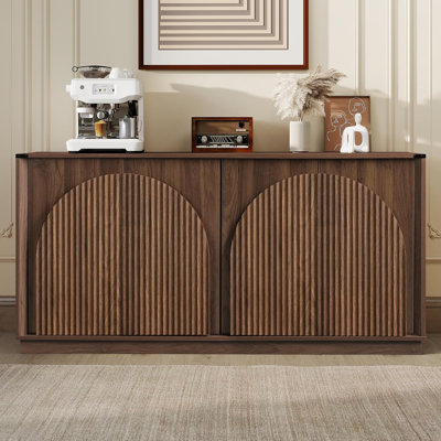 AWE-LW25661-WALNUT Four-Door Recessed Double-Layer Arched Dining Cabinet, Walnut Color. Product Dimensions: 164x40x80CM (including feet).