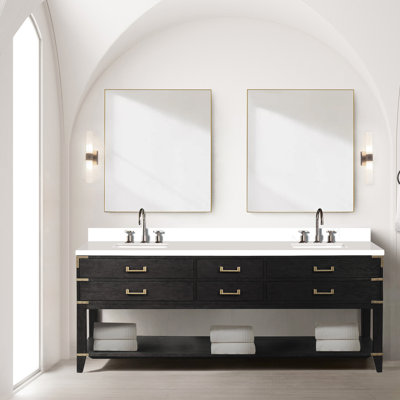 Quartz blanc - recouvert de 84 po Large meuble-lavabo double en chêne noir avec structure en bois massif, tiroirs à fermeture en douceur et tablette ouverte pour un grand espace de rangement, large, scellé poli, tiroir supérieur