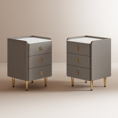 Set of 2 Solid Wood Core Nightstands with Upholstered Surface & Sintered Stone Top
