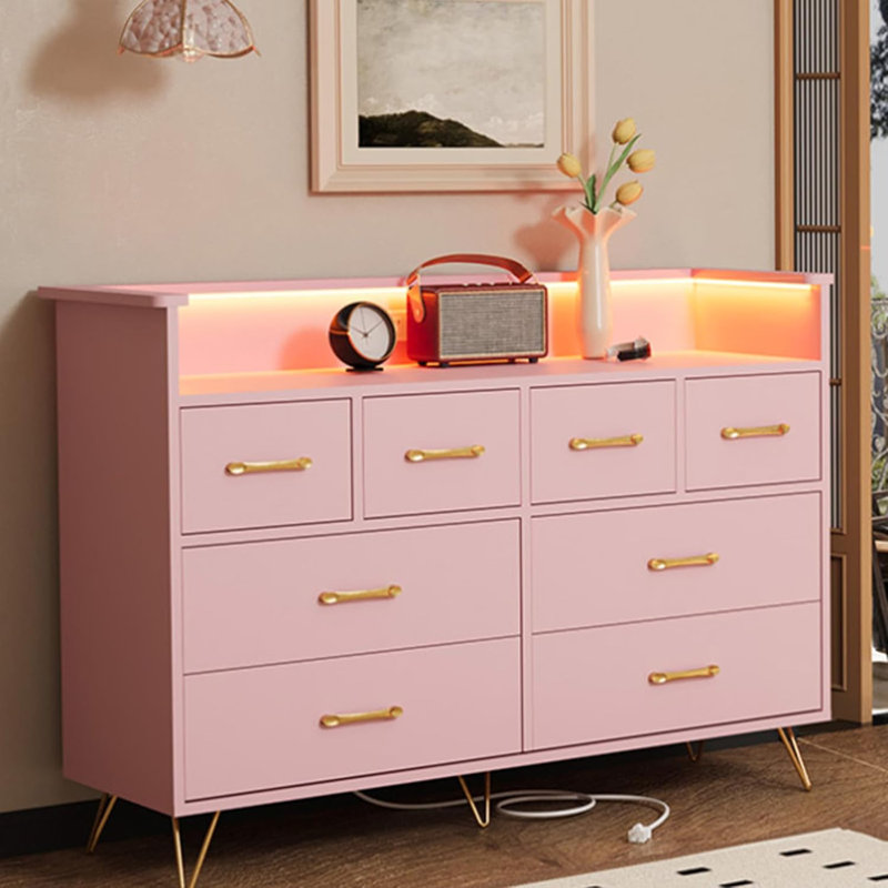 8-Drawer Dresser with LED Light & Charging Station, Pink, Gold