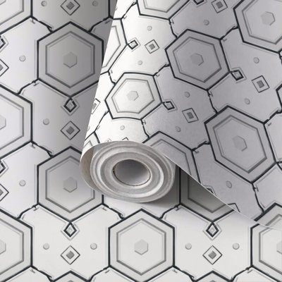 Papier peint auto-adhésif à motif de papier peint à motif de carreaux de céramique abstraits blancs et gris hexagonaux auto-adhésifs et amovibles 24 po x 118 po (60 x 300 cm)