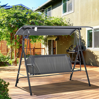 Balancelle de véranda à 3 pattes, structure en acier, auvent réglable pour résister au soleil et aux intempéries, gris, assise extérieure en acier gris, base coulissante, auvent inclinable, siège confortable