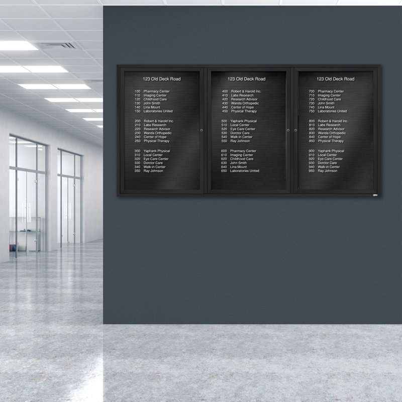 Tableau d'affichage mural fermé pour armoire d'annuaire, Noir thermolaqué, Trois, H 48 po x l 96 po