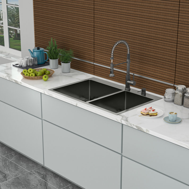 Gunmetal Black 16 Gauge 33" Double Bowl Drop In Kitchen Sink 60/40 Division, 10" Deep, Hand - Made With Rear 3.5 Drain, X Grooves, 3Mm Sound Proof Pad, Spray, Package Grid And 33"X22" Configuration,