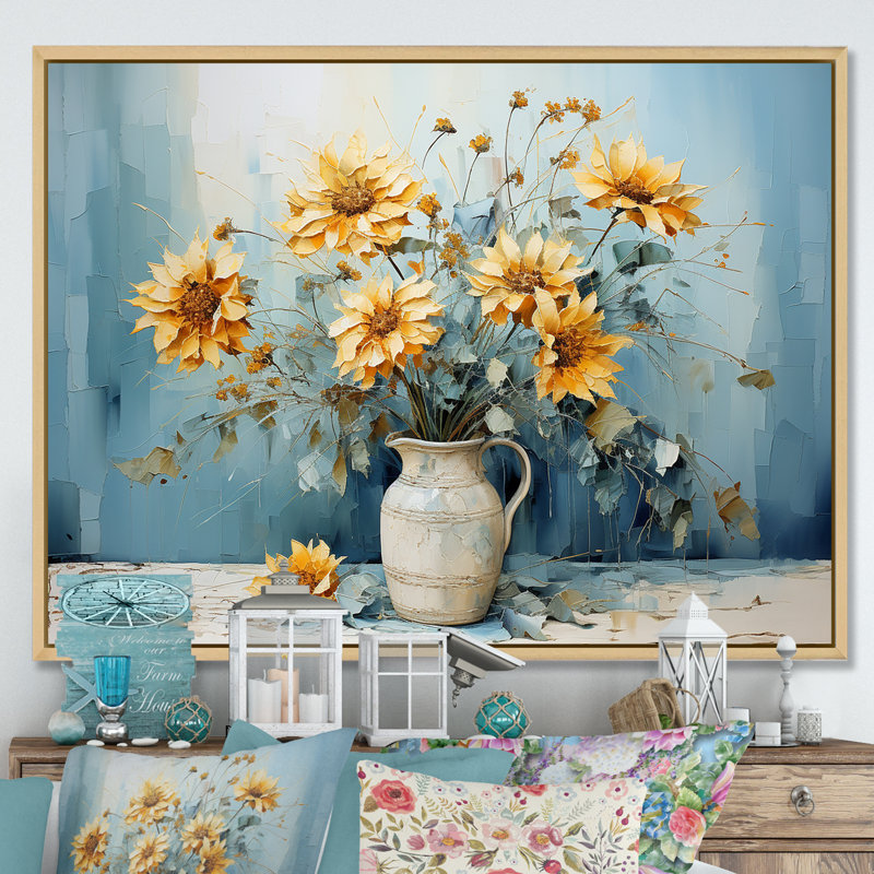 «Blue Sunflowers Farmhouse Still Life» sur toile, H 12 po x l 20 po x P 1 po, Cadre naturel flottant