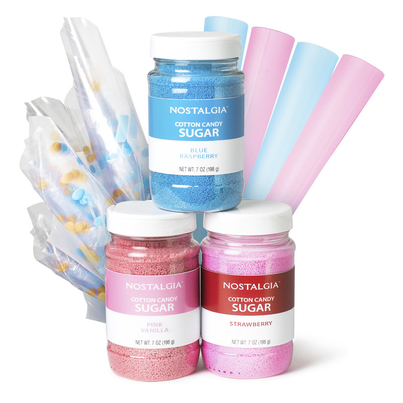 Nostalgia FSCC8 Cotton Candy Party Kit - Pink Vanilla, Blue Raspberry, Strawberry Flossing Sugars (7 oz. each) with Reusable Cones and Twist Ties