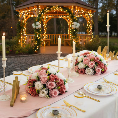 Two 14.2-Inch Large Pink Artificial Rose Bouquets, Perfect For Creating A Special Atmosphere For Wedding Decorations And Table Settings.