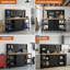Établi robuste de 60 pouces avec armoire de rangement, plateau en bois massif, capacité de 2000 lb, table de travail de garage avec panneau perforé, prise de courant, roues ou pieds de nivellement