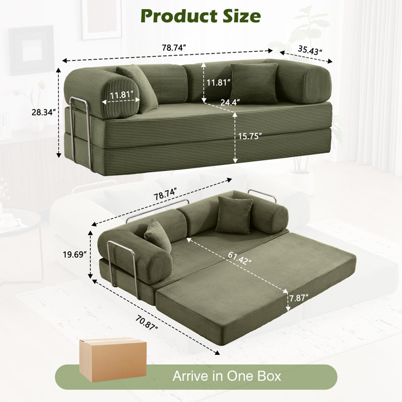 Boneless Convertible Sofa Bed Corduroy Folding Floor Sofa Couch with 2 Pillows,Mattress Lounge Couch for Livingroom Bedroom Office