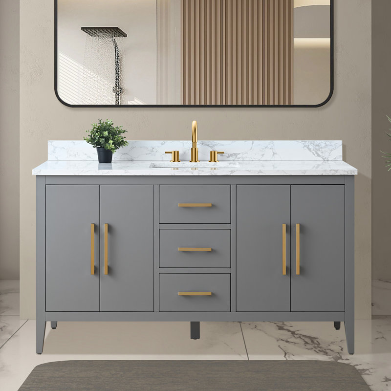 Chambery 60" Single Sink Bathroom Vanity with Engineered Marble Top, Golden Brushed, Cashmere Gray