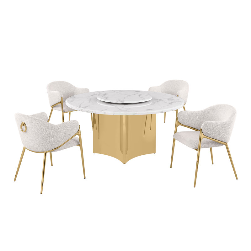 Ensemble de salle à manger en marbre blanc avec chaises Lazy Susan et Boucle, Crème, Doré