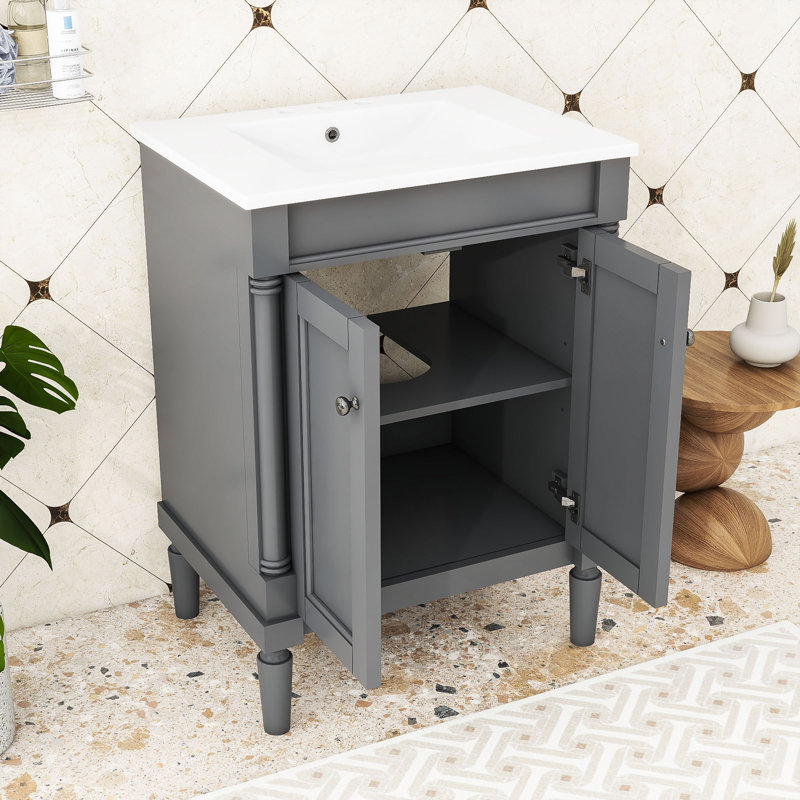 Ensemble de meuble-lavabo simple autoportant avec lavabo en céramique et armoire de rangement Eichman, Gris