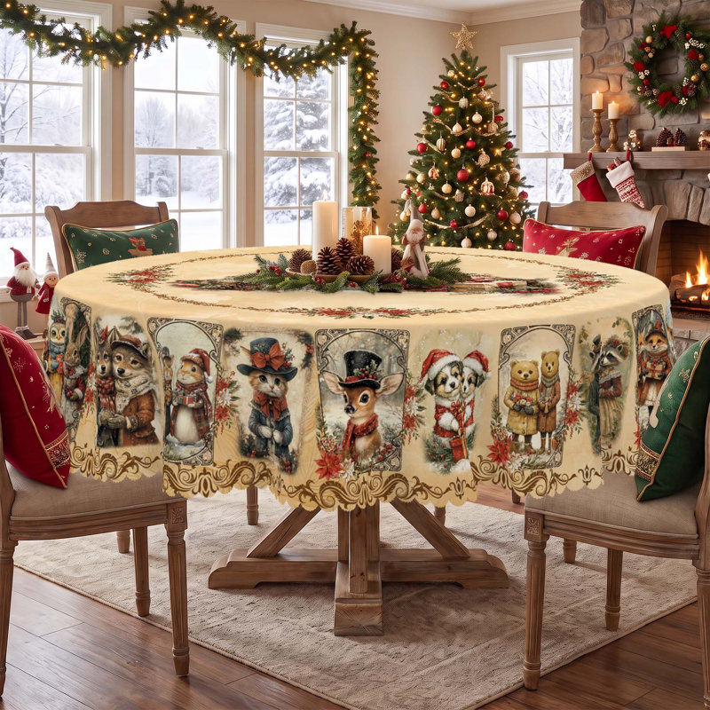 Multiple Christmas Snowman Pattern Designs Off-White Washable Polyester Tablecloth