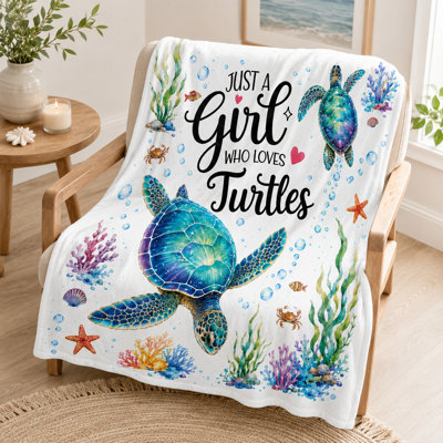 Turtle Lover Blanket, Colorful Sea Turtle Ocean Quote with Coral, Starfish and Bubbles, Flannel Cover for Couch, Bed, Reading, Travel and Relaxing, 60 x 80 in