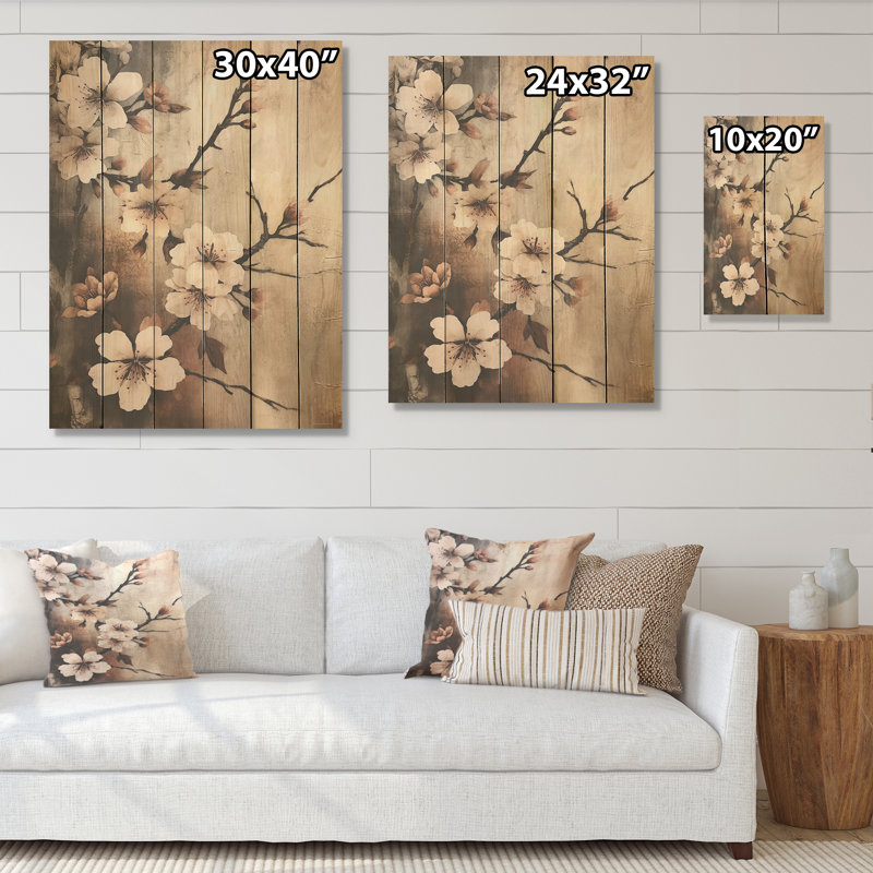 «Cherry Blossoms Brown Dark Solitude», art mural en bois de cerisier sur bois de pin naturel, H 40 po x l 30 po