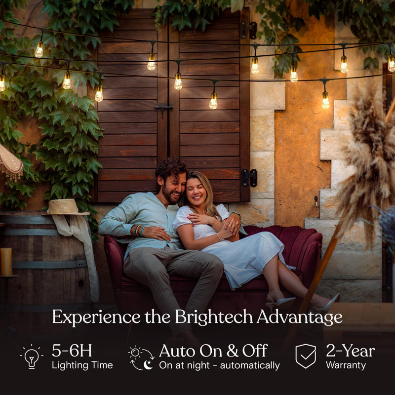 Solar Powered Brass LED Outdoor String Lights with Clear Bulbs