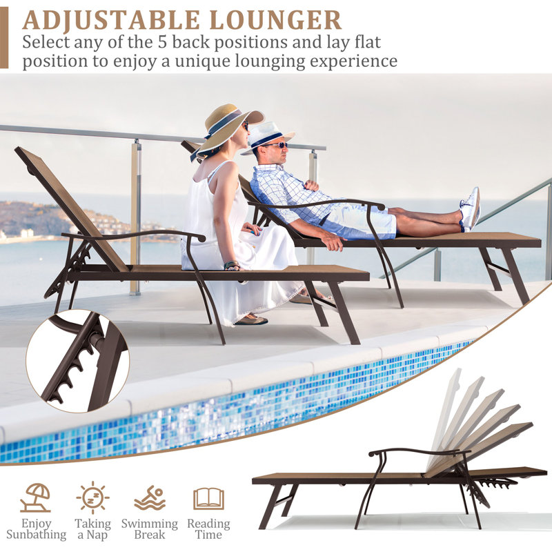 Aluminum 6-position Adjustable Outdoor Chaise Lounge Chair (Set of 2 ), Brown